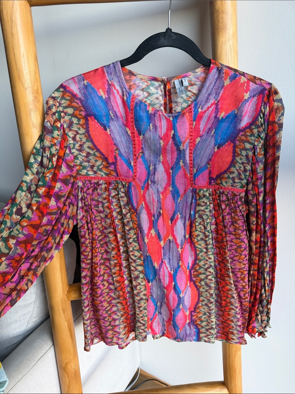 Multicolor Printed Long-Sleeve Blouse - Pink & Blue Pattern